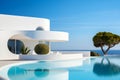 Exterior of modern minimalist white villa with pool. A luxurious house with curved shapes, located on the coast of the ocean.