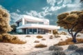 Exterior of modern minimalist white villa on sand hill in desert. Rich house with round curved shapes among trees. Created with