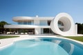 Exterior of modern minimalist white villa with swimming pool. Rich house with round shapes ai generated