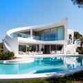 Exterior of modern minimalist white villa with swimming pool. Rich house with round shapes. Created with generative Ai