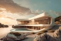 Exterior of modern minimalist white villa with swimming pool. Rich seaside house with round curved shapes. Created with generative Royalty Free Stock Photo