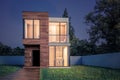 Exterior modern small square house with wooden planks at night with glowing windows 3D illustration Royalty Free Stock Photo