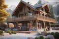 Exterior of modern wooden private house on mountain landscape. Traditional chalet architecture