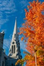 Exterior view of the Basilica of Sainte-Anne-de-Beaupre church with red maple tree Royalty Free Stock Photo