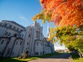 Exterior view of the Basilica of Sainte-Anne-de-Beaupre church with red maple tree Royalty Free Stock Photo