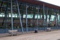 Exterior of motorway freeway services rest area showing building and outside seating area Royalty Free Stock Photo