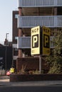 Exterior of NCP Public Car Park showing company sign, signage, logo, branding and entrance