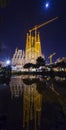 Exterior night view from La Sagrada Familia Basilica in Barcelona, Spain