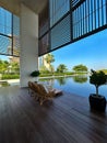 Exterior of the Oberoi Beach Luxury Resort with water features and contemporary architecture in Al Zorah, Ajman, UAE.