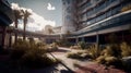 Exterior of old abandoned luxury hotel, AI generative