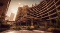 Exterior of old abandoned luxury hotel, AI generative Royalty Free Stock Photo