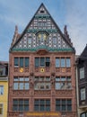 Exterior of an old half-timbered Gibels a town house in Freiburg im Breisgau. Baden Wuerttemberg, Germany, Europe
