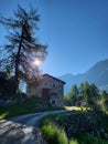 Exterior of old stone house in Val di Campo. Royalty Free Stock Photo