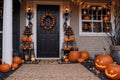 exterior of the old wooden house is decorated with harvest of pumpkins and leaves for halloween holiday, door and window Royalty Free Stock Photo