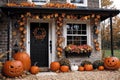 exterior of the old wooden house is decorated with harvest of pumpkins and leaves for halloween holiday, door and window Royalty Free Stock Photo