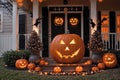 exterior of the old wooden house is decorated with harvest of pumpkins and leaves for halloween holiday, door and window Royalty Free Stock Photo