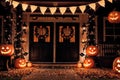 exterior of the old wooden house is decorated with harvest of pumpkins and leaves for halloween holiday, door and window Royalty Free Stock Photo