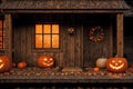 exterior of the old wooden house is decorated with harvest of pumpkins and leaves for halloween holiday, door and window Royalty Free Stock Photo