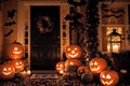 exterior of the old wooden house is decorated with harvest of pumpkins and leaves for halloween holiday, door and window Royalty Free Stock Photo