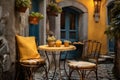 the exterior of an outdoor cafe in the old town, a table and chairs on the street, cozy, decorated with flowers and old