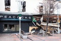 Exterior outside shot of Peacocks Clothing Store in Blanford Street after being destroyed by fire