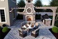 Exterior patio with fireplace and furniture. AI generated. Large courtyard with a stone grill area Royalty Free Stock Photo