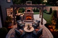 Exterior patio with fireplace and furniture. AI generated. Large courtyard with a stone grill area Royalty Free Stock Photo