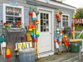 Exterior of Petey`s store with fishing and boating objects and signs