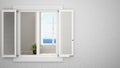 Exterior plaster wall with white window with shutters, showing empty room with panoramic windows, blank background with copy space