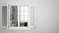 Exterior plaster wall with white window with shutters, showing interior bedroom, blank background with copy space, architecture