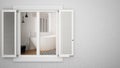 Exterior plaster wall with white window with shutters, showing interior modern bathroom, blank background with copy space,