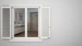 Exterior plaster wall with white window with shutters, showing interior modern bathroom with sink and shower, blank background wit