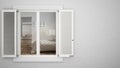 Exterior plaster wall with white window with shutters, showing interior modern bedroom, blank background with copy space, architec