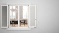 Exterior plaster wall with white window with shutters, showing interior modern dining table, blank background with copy space,