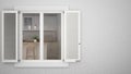 Exterior plaster wall with white window with shutters, showing interior scandinavian kitchen with island, blank background with co