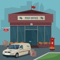 Exterior of post office and car of postal service