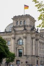 Exterior of Reichstag building in summer with dome and Germany national flag on top Royalty Free Stock Photo