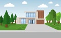 Exterior of the residential house, front view. House with large garden on a street in summer. Vector illustration