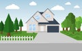 Exterior of the residential house, front view. House with large garden on a street in summer. Vector illustration