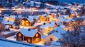 Exterior residential houses located on snowy streets of modern city with glowing lights in winter time. Generative AI