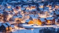 Exterior residential houses located on snowy streets of modern city with glowing lights in winter time. Generative AI