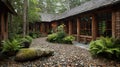 Rustic Wood Cabin Courtyard with Pebble Path and Lush Ferns Royalty Free Stock Photo