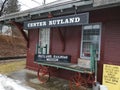 Exterior of Rutland Railroad Museum building with black sign \'Center Rutland\' Royalty Free Stock Photo