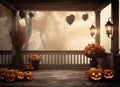 porch wooden house leaf halloween decoration fall pumpkin door holiday. Generative AI.