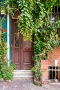 Exterior shot of decorated wooden door, covered with green dense climber plants, in a red brick wall, on city street Royalty Free Stock Photo