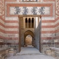 Exterior shot of entrance of Al-Muayyad Bimaristan historic hospital building, Darb Al Labana district, Old Cairo, Egypt