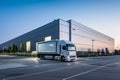 An exterior shot of a large logistics warehouse building with sleek architecture, advanced security systems, and a streamlined