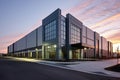 An exterior shot of a large logistics warehouse building with sleek architecture, advanced security systems, and a streamlined