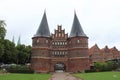 Exterior shot of the Museum Holstentor in Lubeck, Germany on grassland