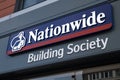 Exterior shot of Nationwide Building Society Bank Branch Building showing company name and logo